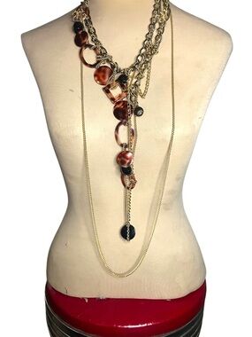 Layered Twisted Gold Tone Chain Necklace with Brown and Black Beaded Accents